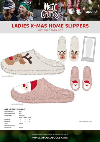 Apollo ladies Xmas home slippers asst
