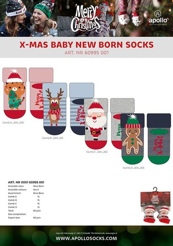 Apollo new born x-mas socks asst5