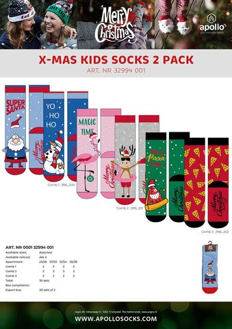Apoloo kids X-mas socks 2pack 4ass