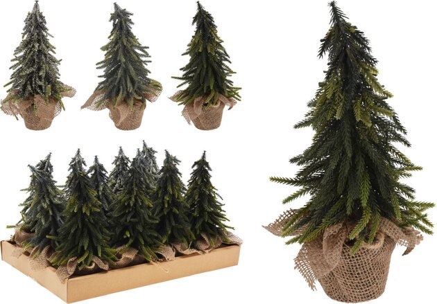 Arbre pommes de pin H28cm dans pot jute 3ass
