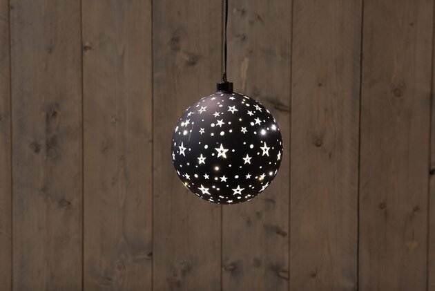 Bal glas zwart met sterren D15cm Led warm wit Timer
