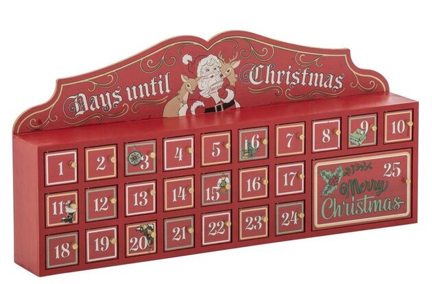 Calendrier Avent 80x12x40cm bois rouge