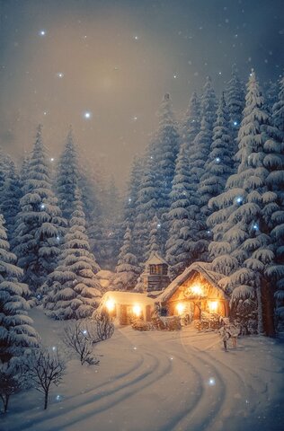 Canvas 38x58cm 5Led - huis met sneeuwlandschap