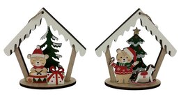 Deco beer met kerstboom 11x12cm hout 2ass
