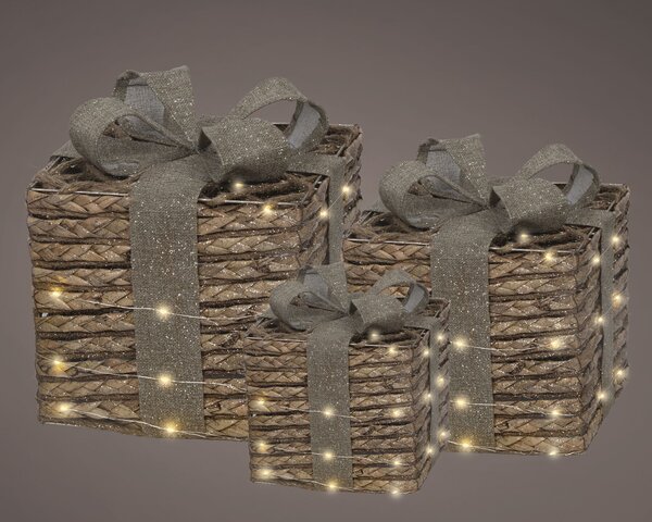 Deco geschenkdozen jute Led warm wit 3stuks