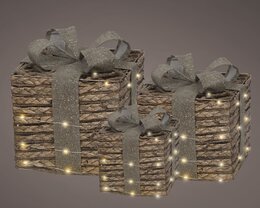 Deco geschenkdozen jute Led warm wit 3stuks
