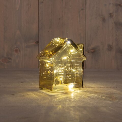 Deco huis glas 12x7x14cm 10Led amber