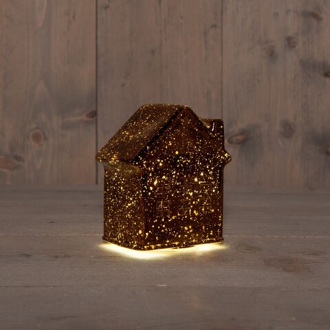 Deco huis glas 12x7x14cm 10Led brons