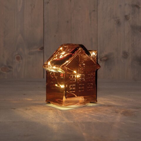 Deco huis glas 12x7x14cm 10Led koper