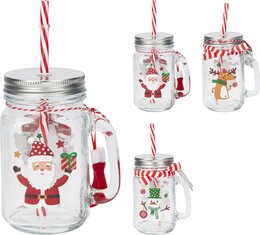 Drinkglas 450ml met handvat Kerst 4ass