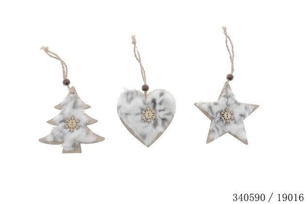 etoile/coeur/sapin a susp bois fourru 9cm