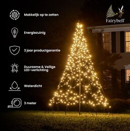 Fairybell kerstverlichting kerstboom buiten met vlaggenmast met twinkle effect 300CM hoog (480 LED-lampjes in warmwitte kleur) - afbeelding 3