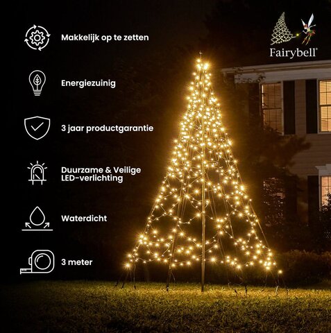 Fairybell kerstverlichting kerstboom buiten met vlaggenmast met twinkle effect 300CM hoog (480 LED-lampjes in warmwitte kleur) - afbeelding 7