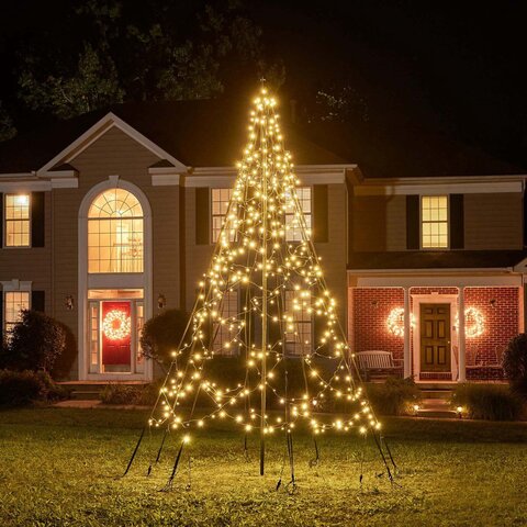 Fairybell kerstverlichting kerstboom buiten met vlaggenmast met twinkle effect 300CM hoog (480 LED-lampjes in warmwitte kleur) - afbeelding 2