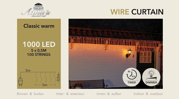 gordijnverlichting draad transparant 1000l 500x50cm led classic warm 100 streng 5m aanloopsnoer - ip44 trafo aan / 8/16u timer / uit / dimmer - afbeelding 1