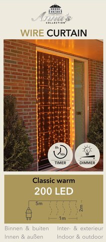 gordijnverlichting draad transparant 200l 100x200cm led classic warm 10 streng 5m aanloopsnoer - ip44 trafo aan / 8/16u timer / uit / dimmer
