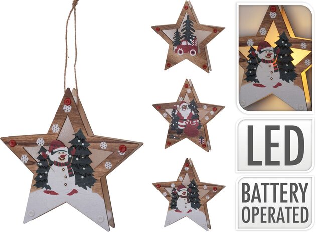 Hangend ster met led H16cm 3ass