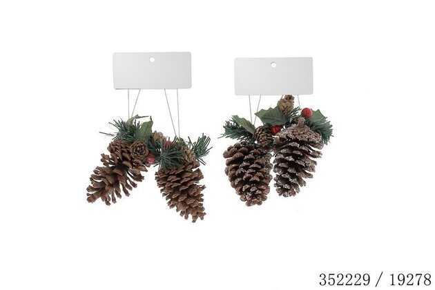 Hanger dennenappel 24x13x6cm natuur/sneeuw 2stuks 2ass