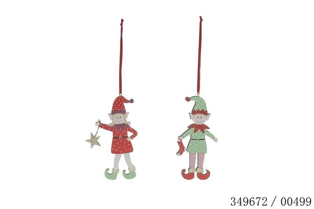 Hanger elfje H11,5cm 2ass hout - rood+groen