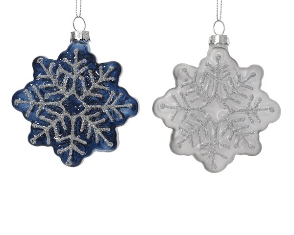 Hanger sneeuwvlok 8x8cm glas 2ass blauw wit