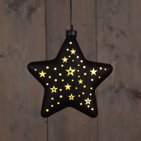 Hanger ster 19cm glas 10Led warm wit zwart