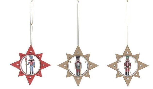 Hanger ster met Notenkraker 9,8x9,8cm 3ass