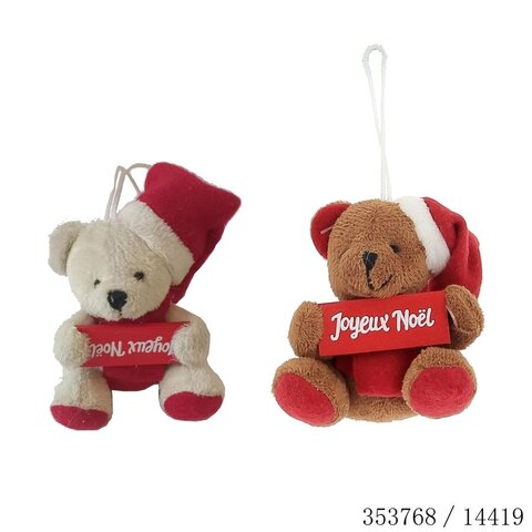 Hanger teddybeer 8cm met wit/rood teken 2ass