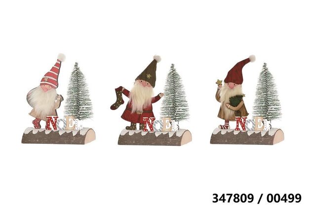 Houtblok Kerstfiguur Led 12x14,5cm 3ass