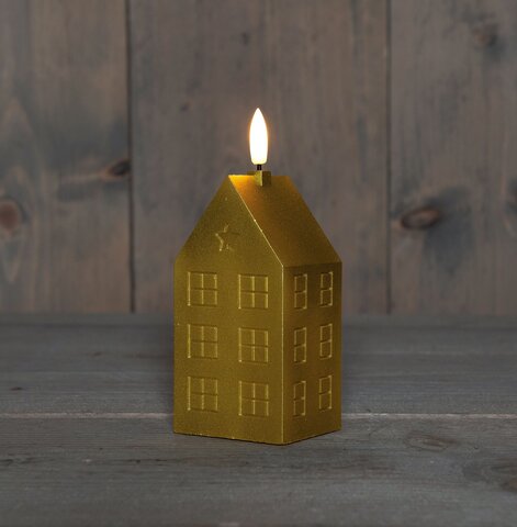 Kaars huis 5x6x15cm 3D vlameffect goud