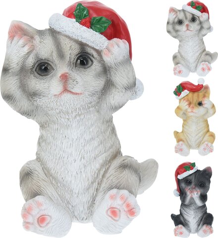 Kat met kerstmuts 13cm 3ass