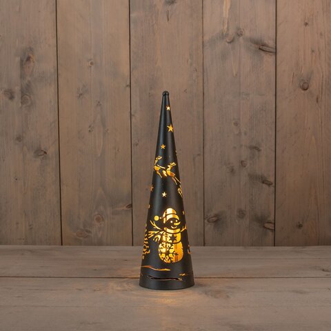 Kegel met hert en sneeuwman D10xH34cm 20Led zwart