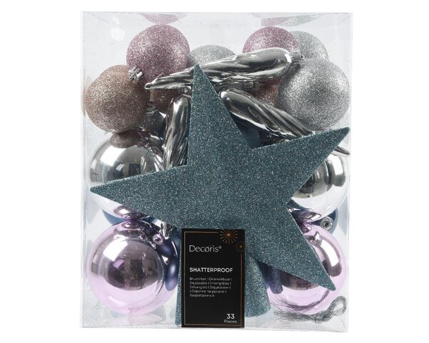 Kerstbal asst D8cm blauw zilver roze kunststof mix