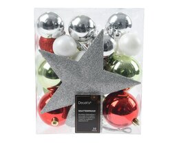 Kerstbal asst D8cm rood wit groen zilver kunststof mix