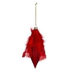 Kerstbal peervorm met pluimen rood