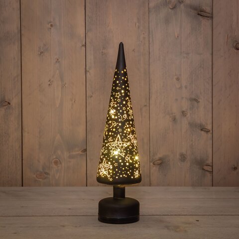 Kerstboom op voet 10x39cm Led glas zwart goud sterren