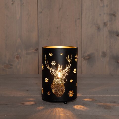 Lantaarn D10xH16cm zwart goud - met rendier