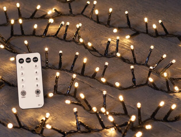 led ivy 700l/16m warm wit met afstandsbediening 4m aanloopsnoer zwart ip44 trafo timer 8/16u