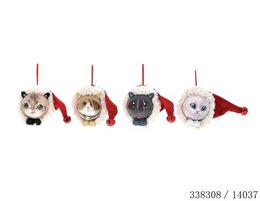Kerstbal D10cm kat met kerstmuts 4ass