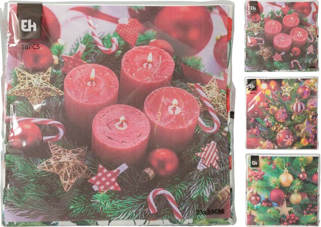 Servetten 33x33cm Kerst 16stuks 3ass
