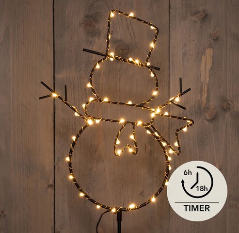 Sneeuwman op steker 56Led classic koperdraad zwart 23x100cm Timer