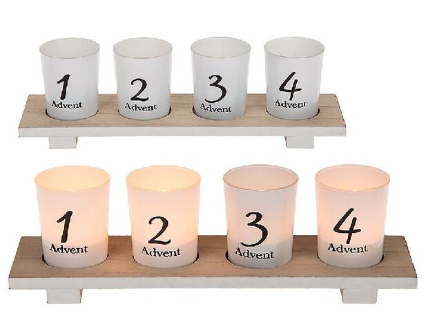 Tableau en bois, l'Avent, avec 4 bougie chauffe-plat en verre, env. 30 x 9 cm, dans emballage cadeau