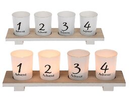 Tableau en bois, l'Avent, avec 4 bougie chauffe-plat en verre, env. 30 x 9 cm, dans emballage cadeau