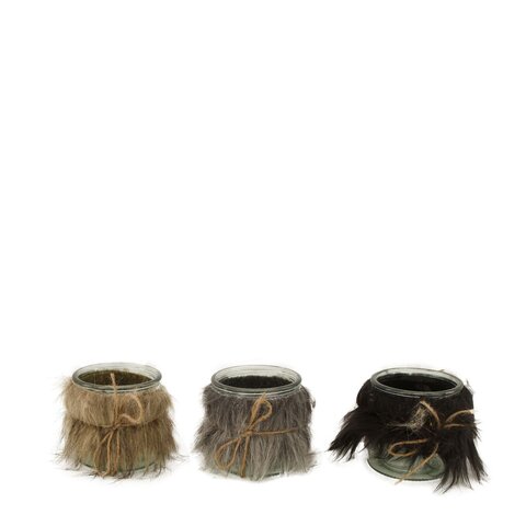 Theelichthouder D10xH10cm glas met katoen mix grijs